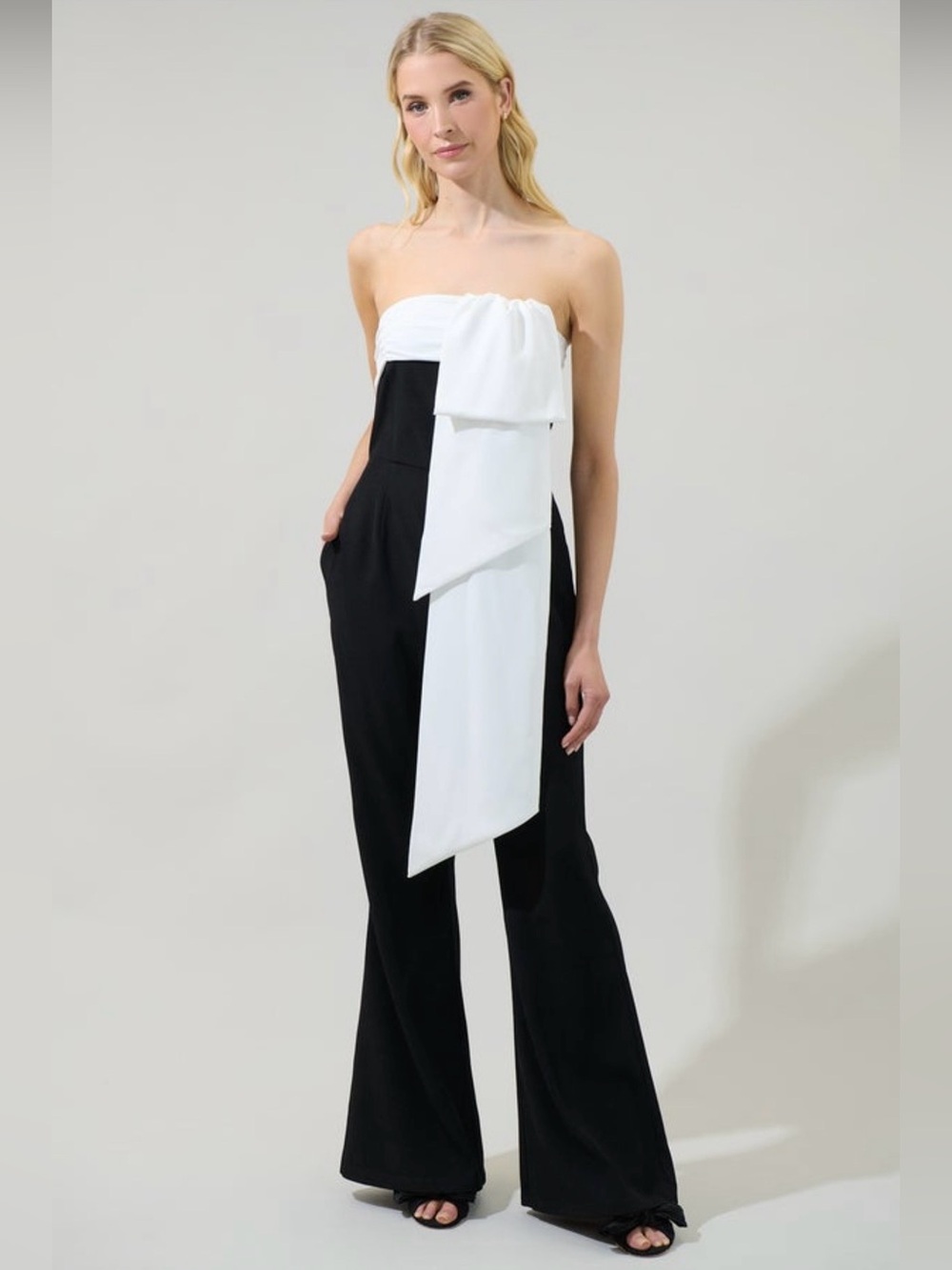 NWT Sugar Lips Strapless Black & White Wide-Leg Jumpsuit with Draped Front